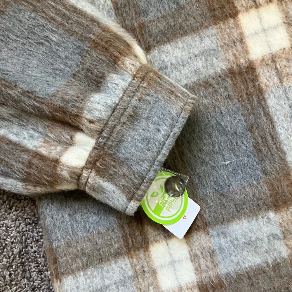 Lucky Brand Plaid Shacket Womens XL Grey Brown Oversize‎ Shirt Jacket New